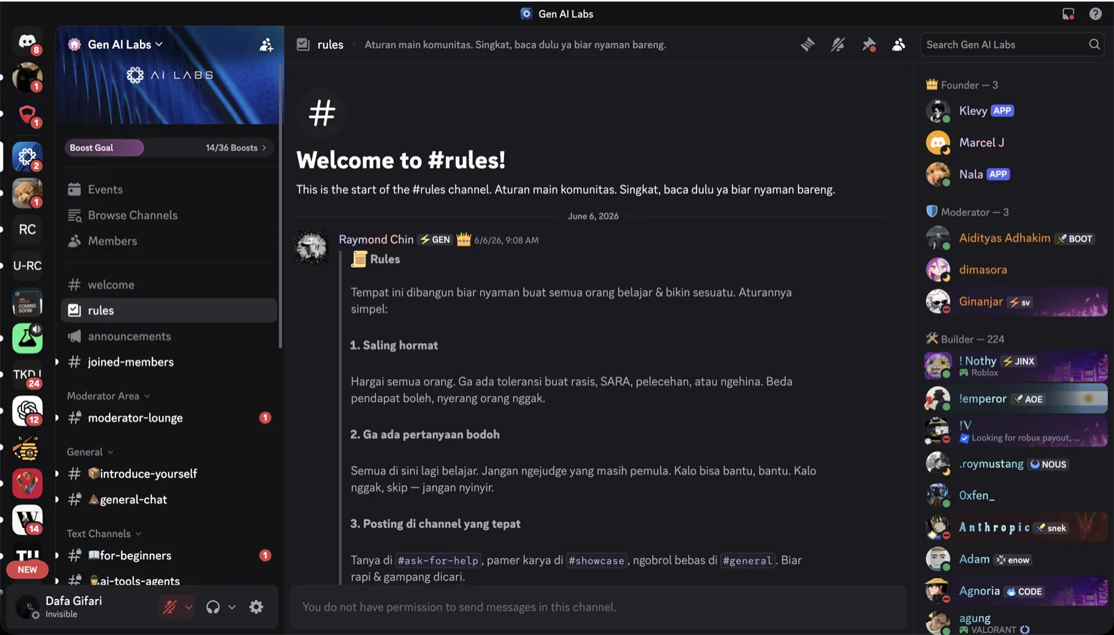 Tampilan server Gen AI Labs di Discord