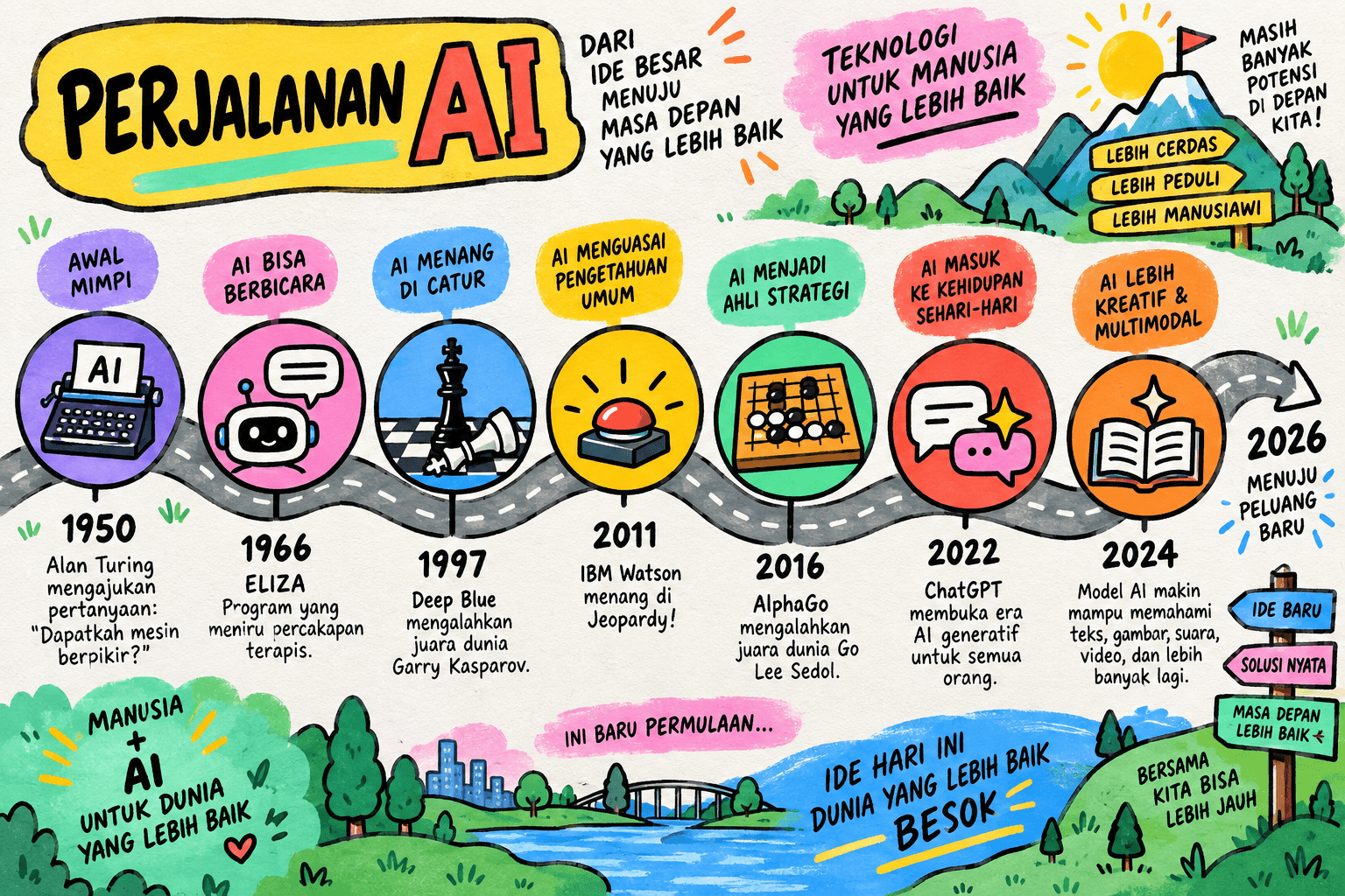 Lini masa perkembangan AI: perjalanan panjang dari riset awal sampai model generatif modern
